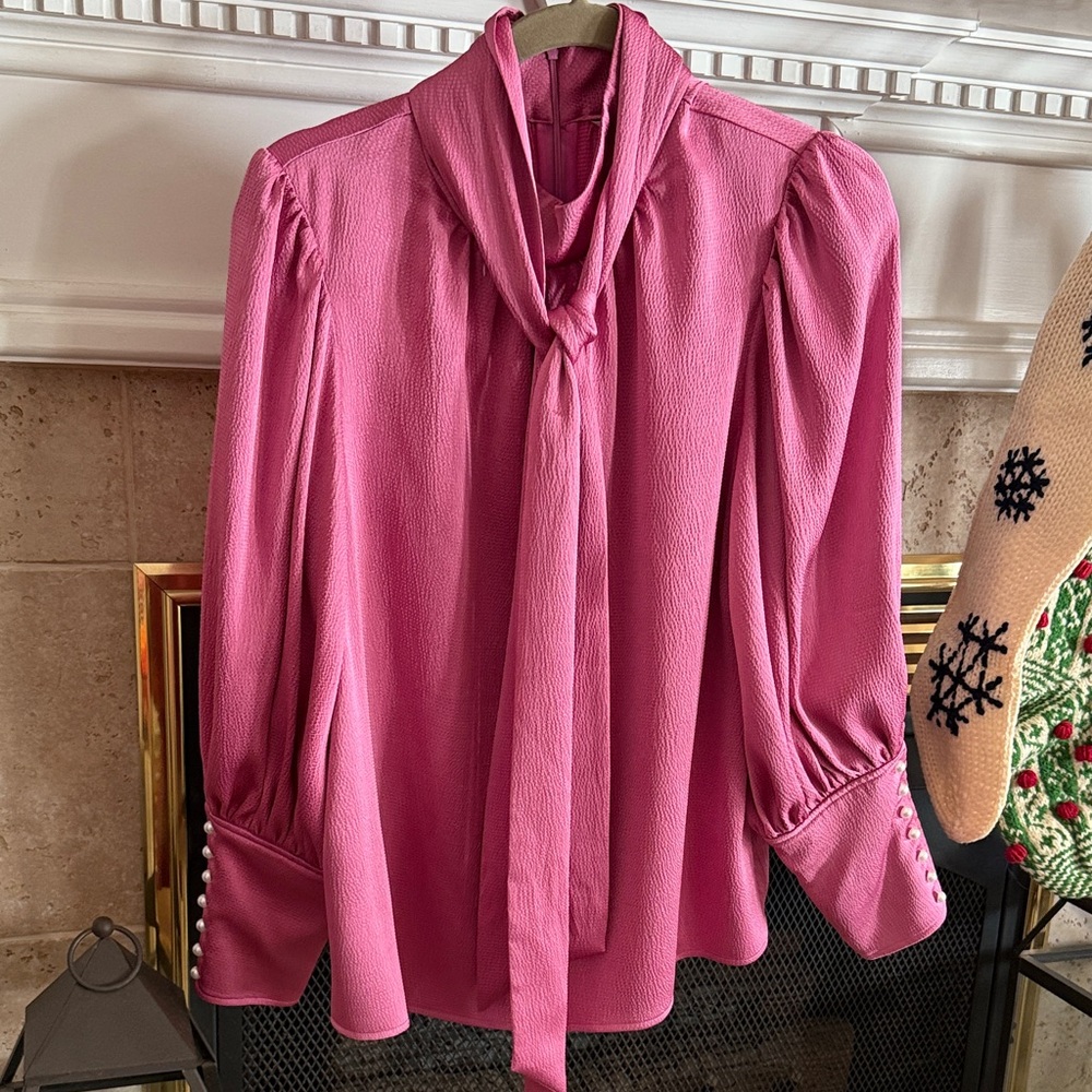 CROSBY by Mollie Burch Vibrant Pink Tie-Neck Blouse eUC